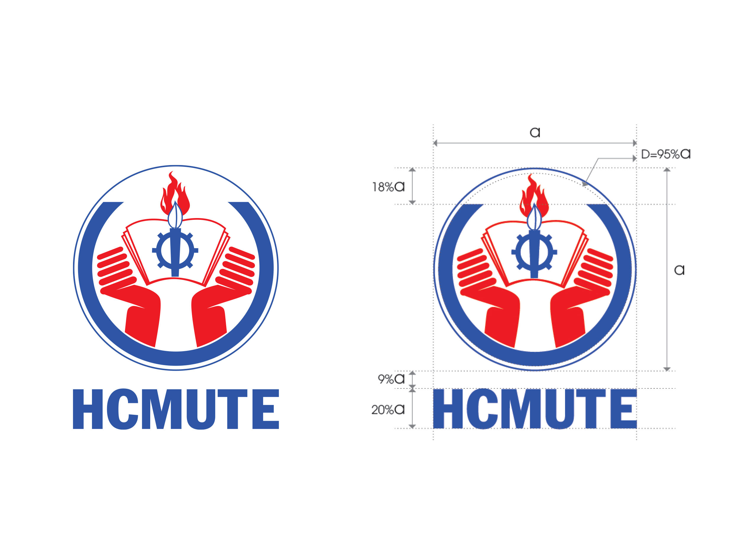 Chữ HCMUTE phải có tỷ lệ kích thước đúng như thiết kế qui dịnh